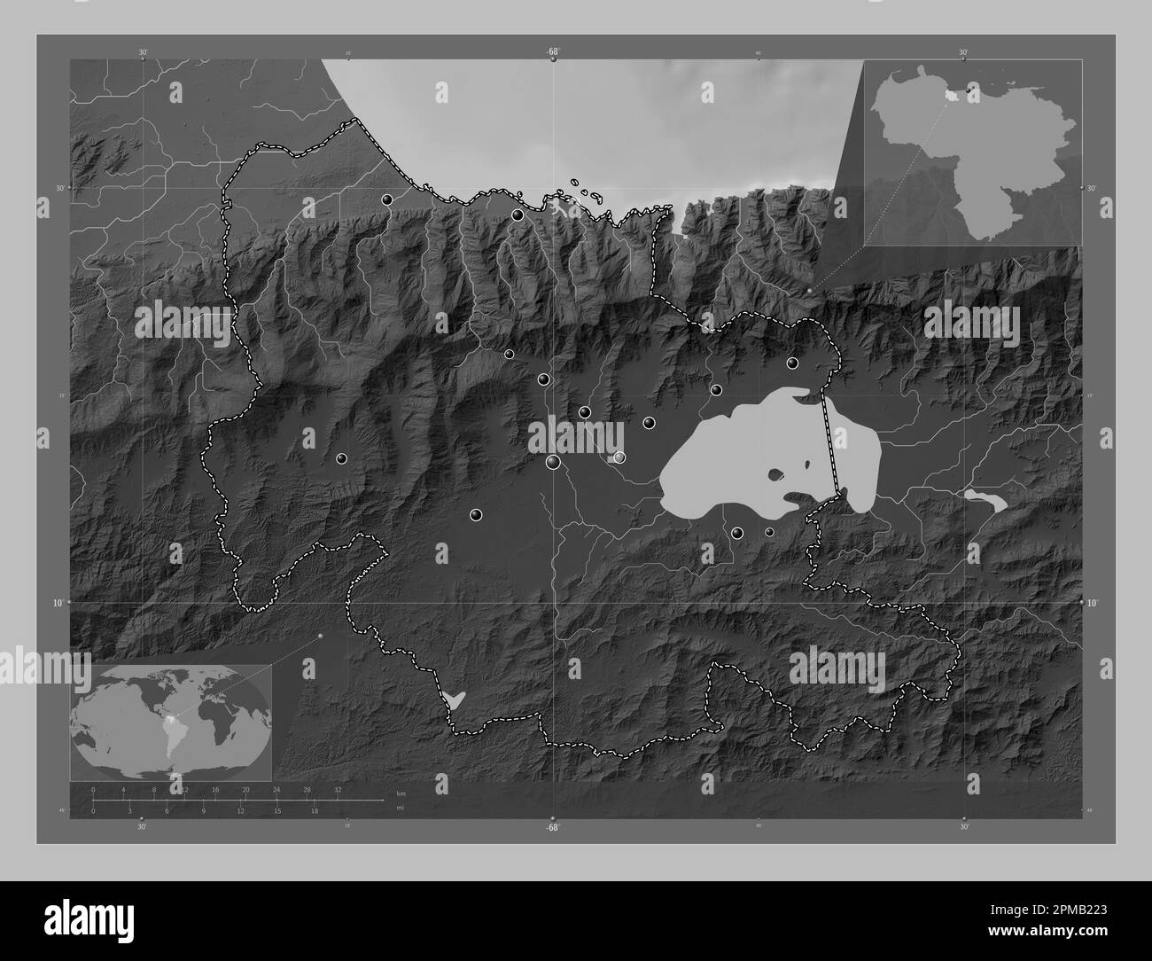 Carabobo, state of Venezuela. Grayscale elevation map with lakes and rivers. Locations of major cities of the region. Corner auxiliary location maps Stock Photo