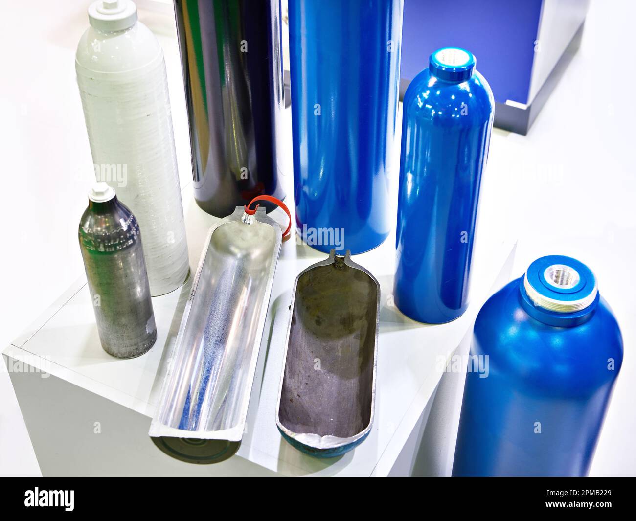 Medical oxygen cylinders on exhibition Stock Photo