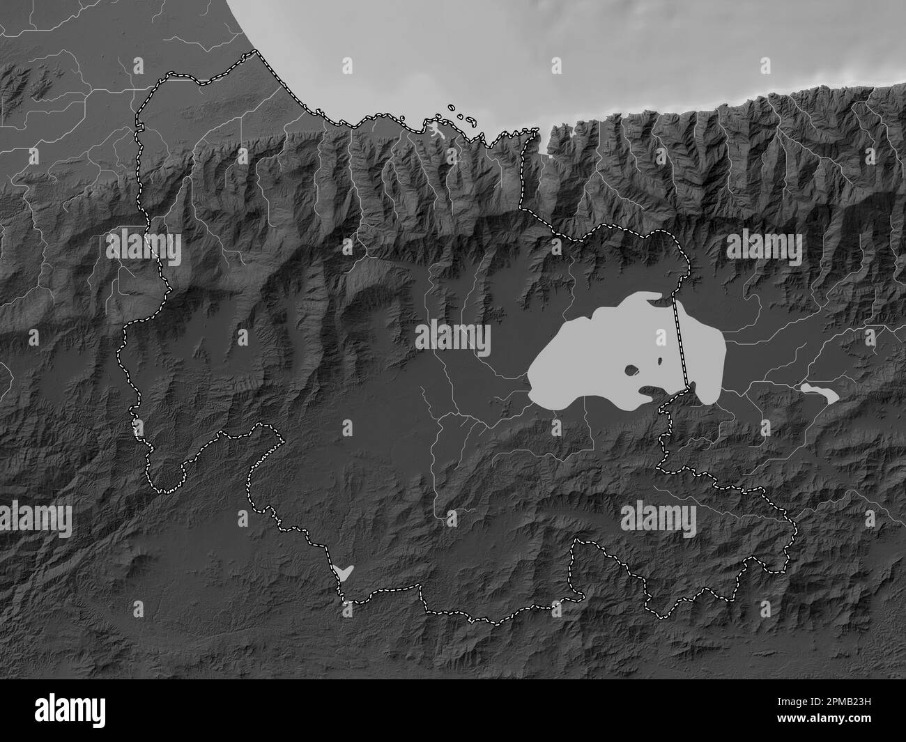 Carabobo, state of Venezuela. Grayscale elevation map with lakes and rivers Stock Photo