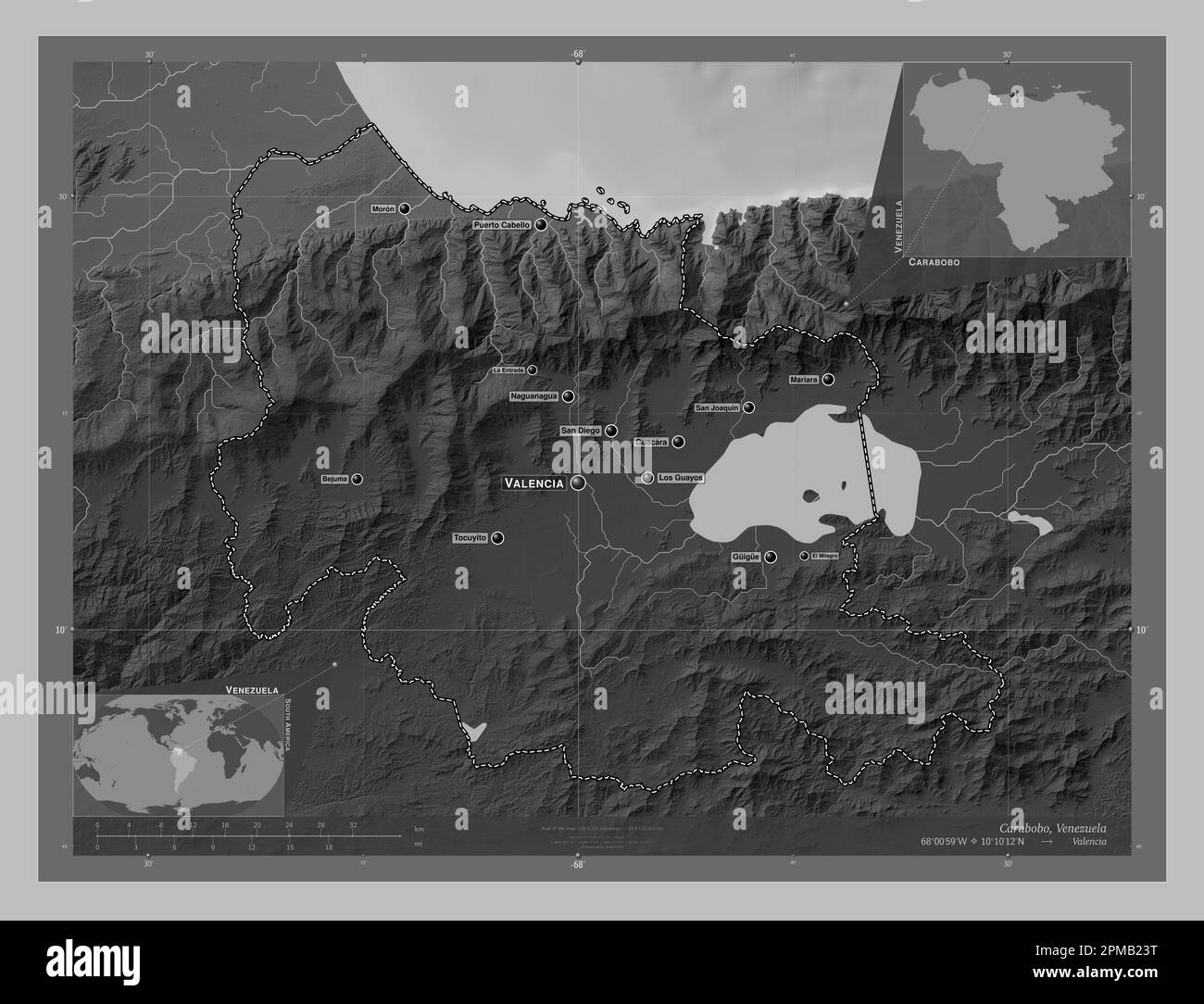 Carabobo, state of Venezuela. Grayscale elevation map with lakes and rivers. Locations and names of major cities of the region. Corner auxiliary locat Stock Photo