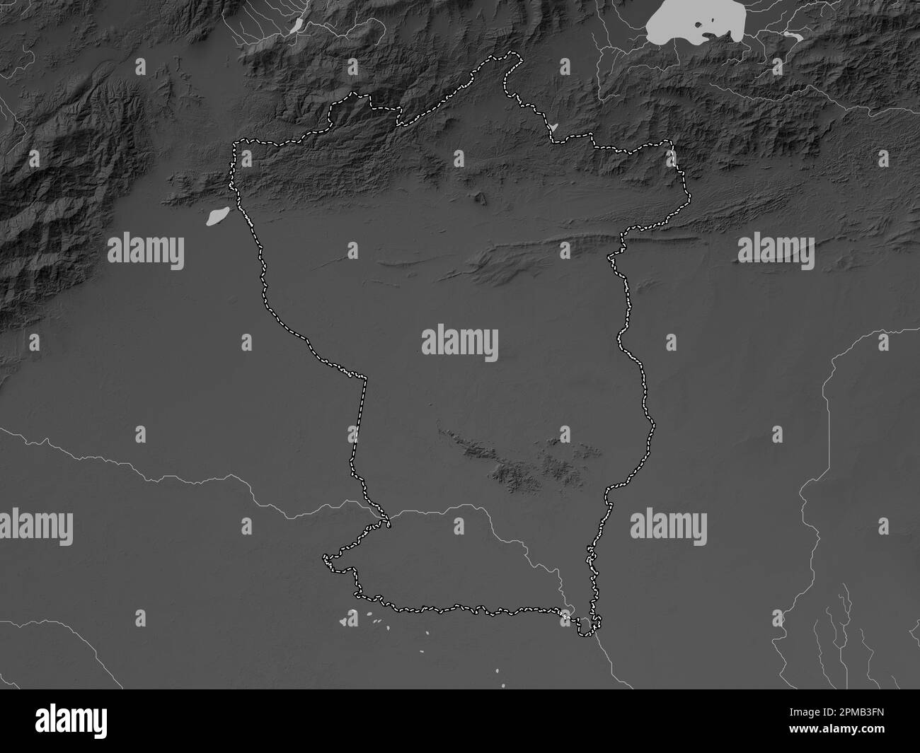 Cojedes, state of Venezuela. Grayscale elevation map with lakes and rivers Stock Photo