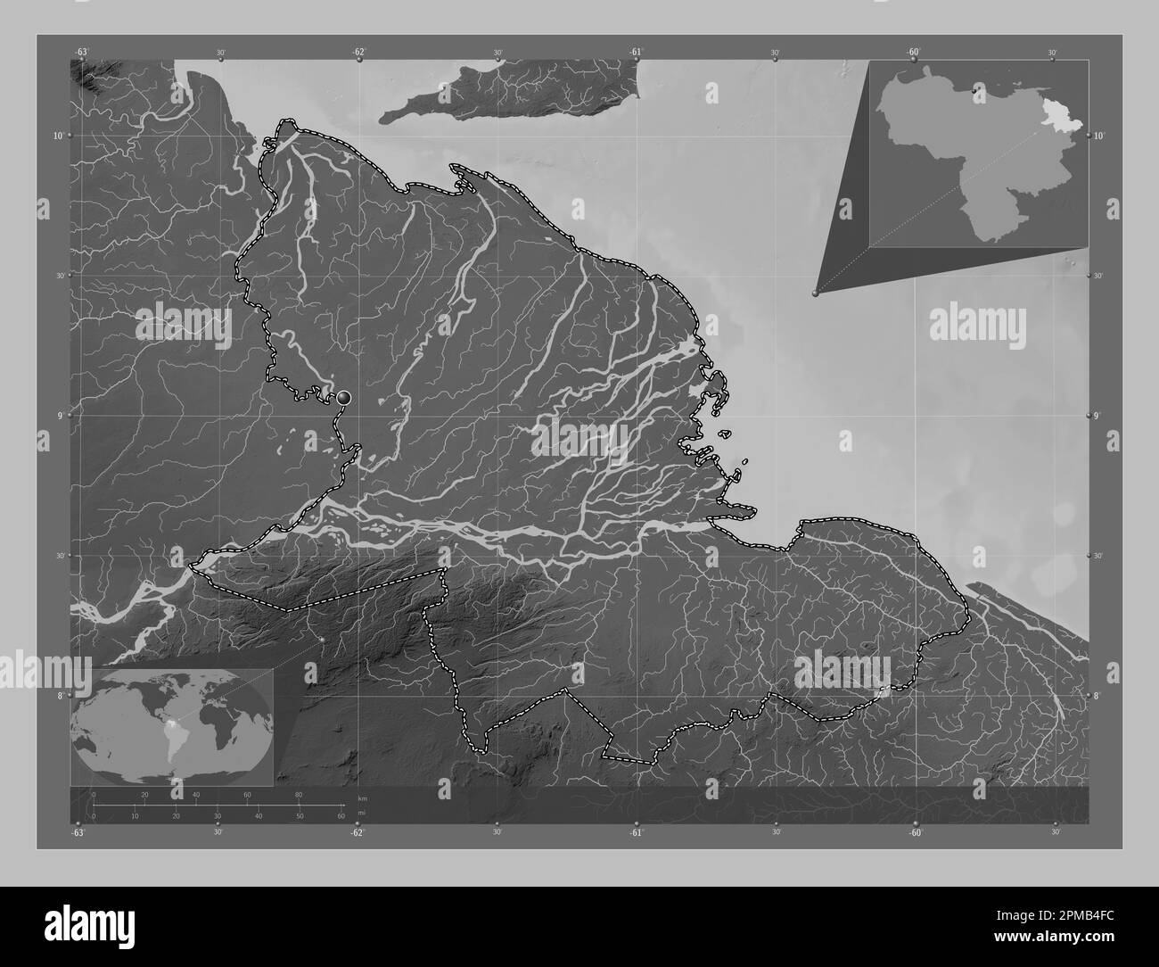 Delta Amacuro, state of Venezuela. Grayscale elevation map with lakes and rivers. Corner auxiliary location maps Stock Photo