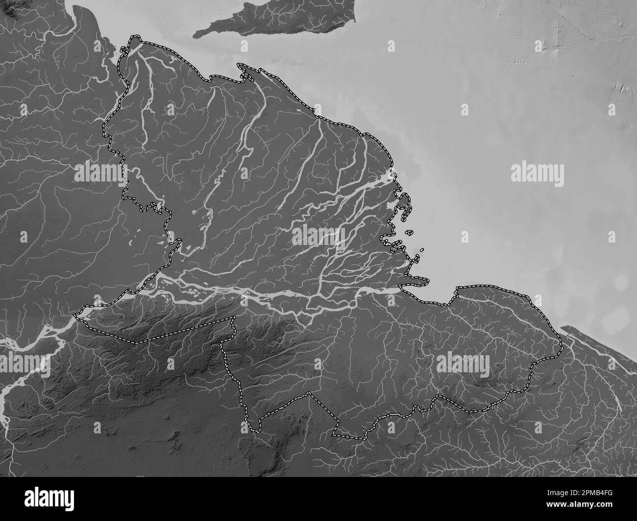 Delta Amacuro, state of Venezuela. Grayscale elevation map with lakes and rivers Stock Photo