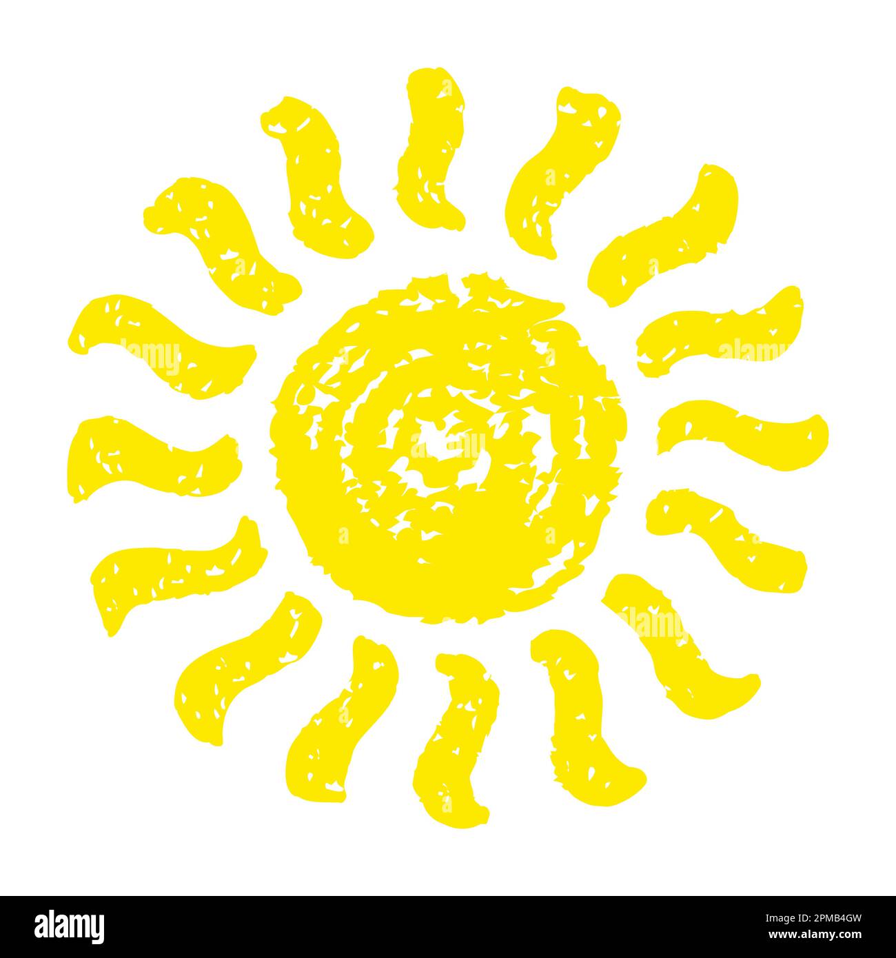 Hand painted sun symbol, hand drawn with crayon, isolated on white
