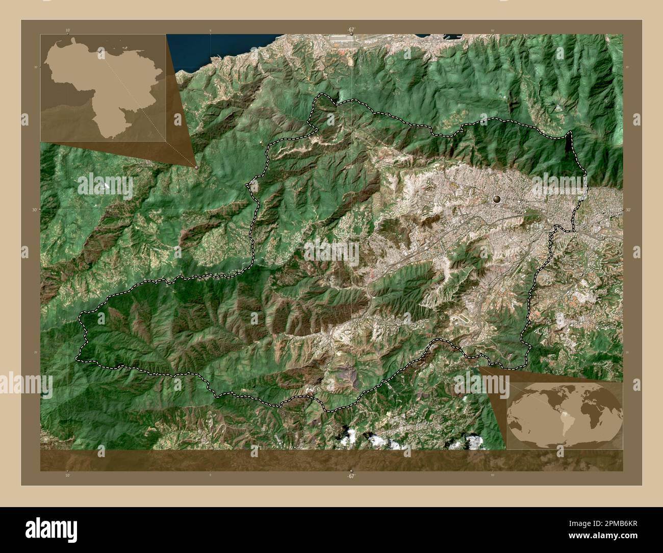 Distrito Capital, state of Venezuela. Low resolution satellite map. Corner auxiliary location maps Stock Photo