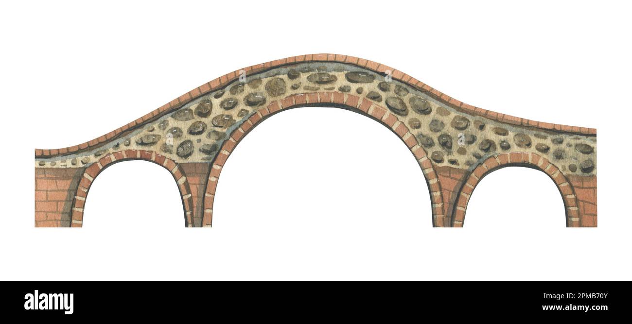 Ancient stone bridge brown with three arches. Watercolor illustration, hand drawn. Isolated object on a white background. For decoration and design of Stock Photo