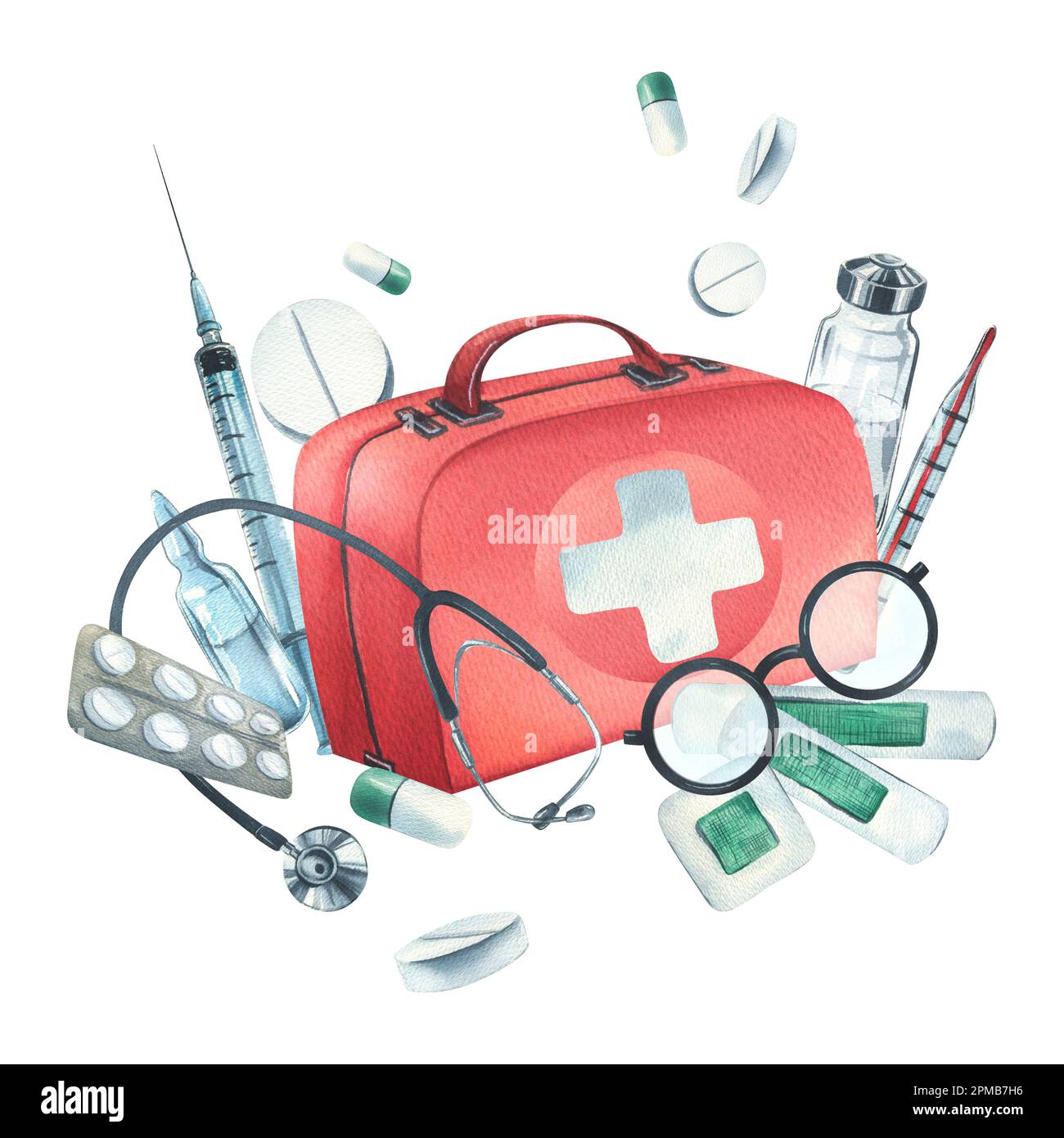 Red medical case, first aid kit with stethoscope, injections, plaster