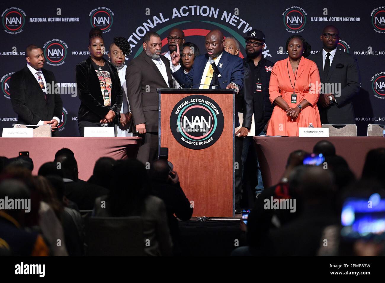 New York, USA. 12th Apr, 2023. (L-R) Andre Locke Sr., father of Amir Locke, Sybrina Fulton, mother of Trayvon Martin, Gwen Carr, mother of Eric Garner, Rodney Wells, step-father of Tyre Nichols, Philonise Floyd, brother of George Floyd, RowVaughn Wells, mother of Tyre Nichols, Attorney Benjamin Crump, Rev. Al Sharpton, Terrence Floyd, brother of George Floyd, Wanda Cooper Jones, mother of Ahmaud Arbery and guest attend the National Action Network (NAN) conference at the Sheraton Hotel, New York, NY, April 12, 2023. (Photo by Anthony Behar/Sipa USA) Credit: Sipa USA/Alamy Live News Stock Photo