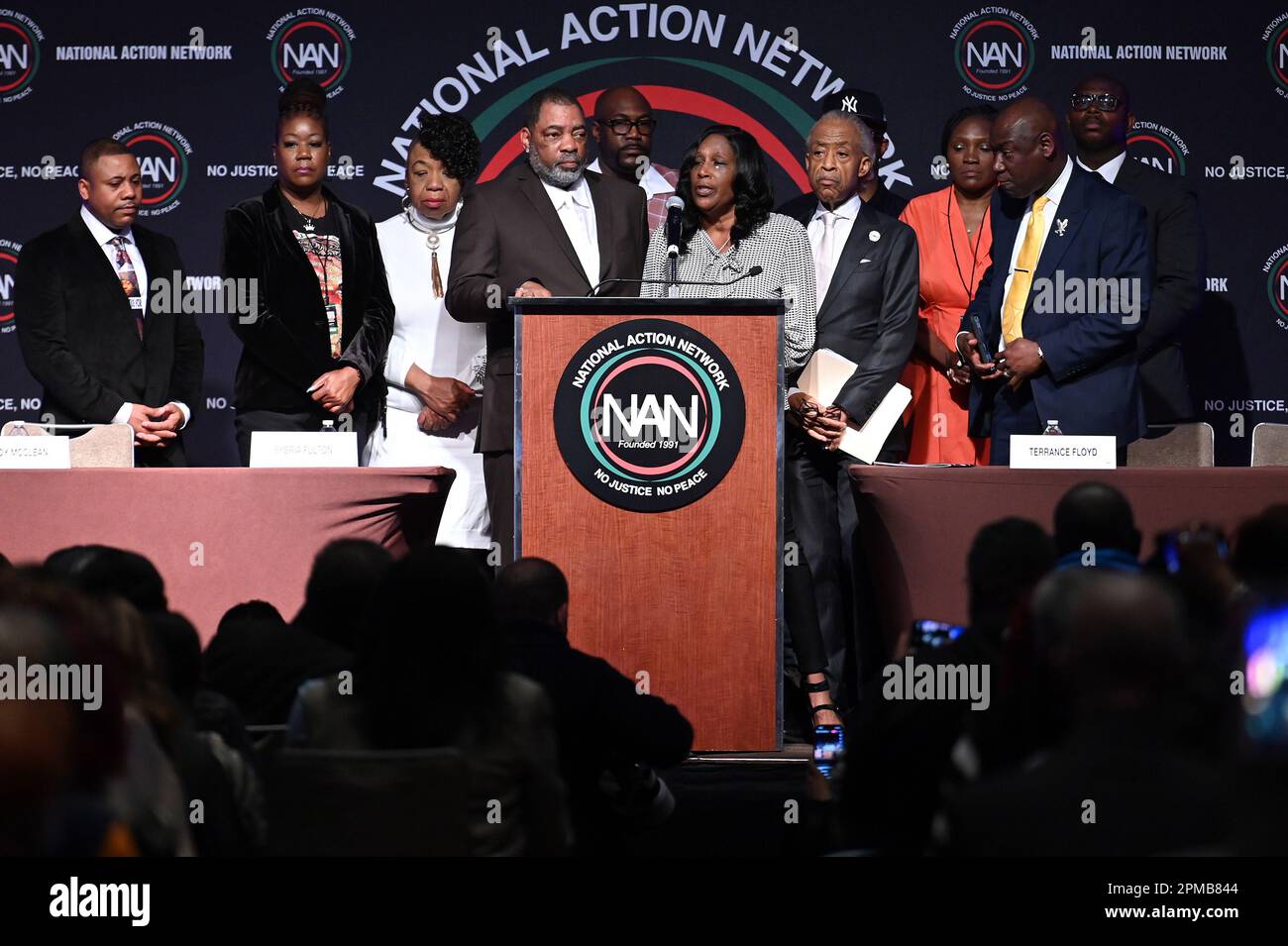 New York, USA. 12th Apr, 2023. (L-R) Andre Locke Sr., father of Amir Locke, Sybrina Fulton, mother of Trayvon Martin, Gwen Carr, mother of Eric Garner, Rodney Wells, step-father of Tyre Nichols, Philonise Floyd, brother of George Floyd, RowVaughn Wells, mother of Tyre Nichols, Rev. Al Sharpton, Terrence Floyd, brother of George Floyd, Wanda Cooper Jones, mother of Ahmaud Arbery, Attorney Benjamin Crump and guest attend the National Action Network (NAN) conference at the Sheraton Hotel, New York, NY, April 12, 2023. (Photo by Anthony Behar/Sipa USA) Credit: Sipa USA/Alamy Live News Stock Photo