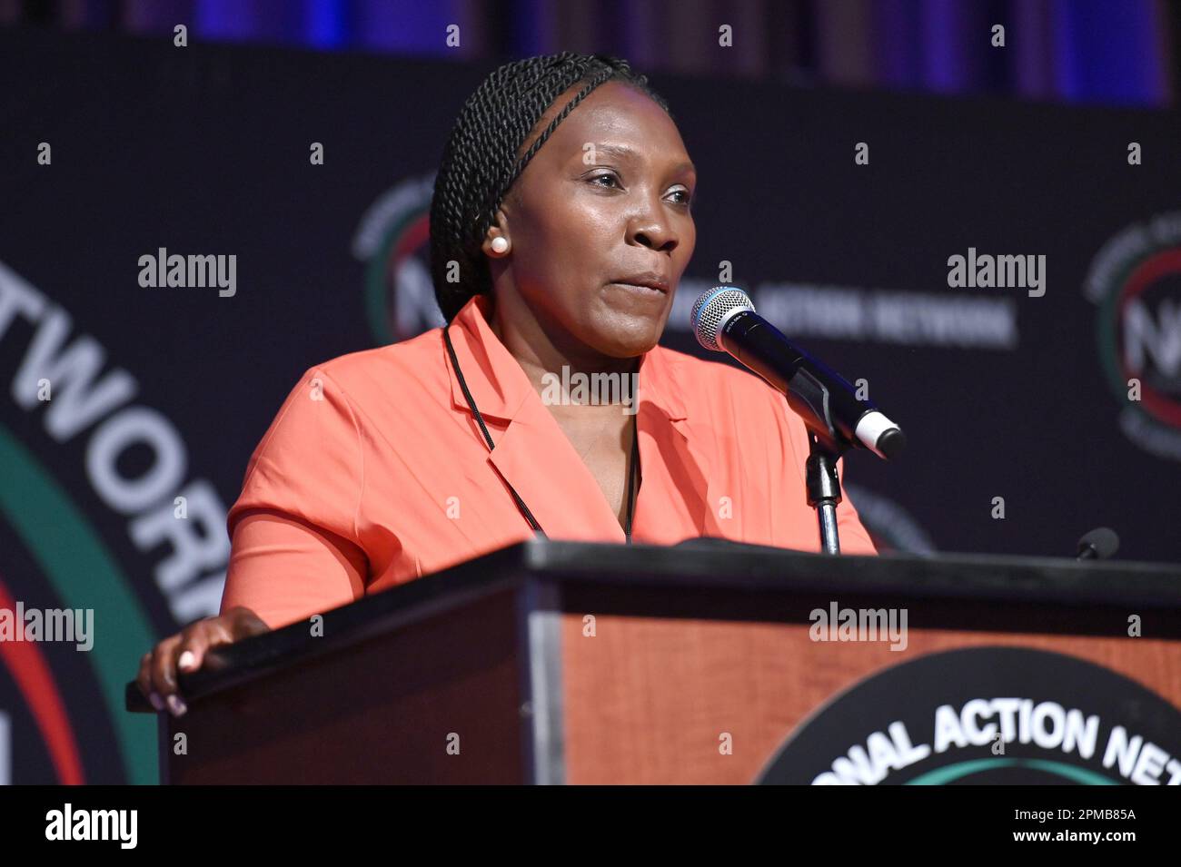New York, USA. 12th Apr, 2023. Wanda Cooper Jones, mother of Ahmaud Arbery, speaks at the National Action Network (NAN) conference at the Sheraton Hotel, New York, NY, April 12, 2023. (Photo by Anthony Behar/Sipa USA) Credit: Sipa USA/Alamy Live News Stock Photo
