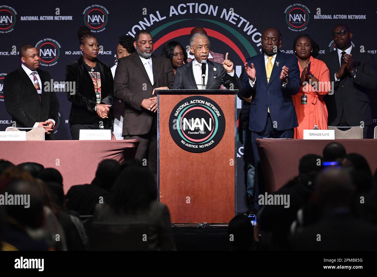 New York, USA. 12th Apr, 2023. (L-R) Andre Locke Sr., father of Amir Locke, Sybrina Fulton, mother of Trayvon Martin, Gwen Carr, mother of Eric Garner, Rodney Wells, step-father of Tyre Nichols, RowVaughn Wells, mother of Tyre Nichols, Philonise Floyd, brother of George Floyd, Rev. Al Sharpton, Attorney Benjamin Crump, Wanda Cooper Jones, mother of Ahmaud Arbery, and guest attend the National Action Network (NAN) conference at the Sheraton Hotel, New York, NY, April 12, 2023. (Photo by Anthony Behar/Sipa USA) Credit: Sipa USA/Alamy Live News Stock Photo