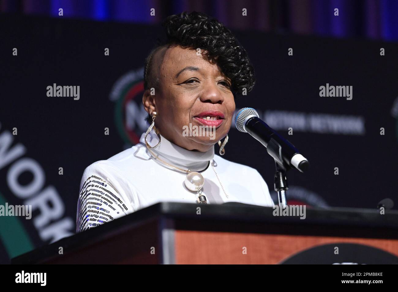 New York, USA. 12th Apr, 2023. Gwen Carr, mother of Eric Garner, speaks