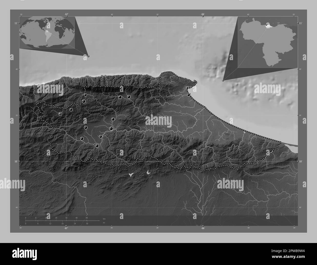 Miranda, state of Venezuela. Grayscale elevation map with lakes and rivers. Locations of major cities of the region. Corner auxiliary location maps Stock Photo