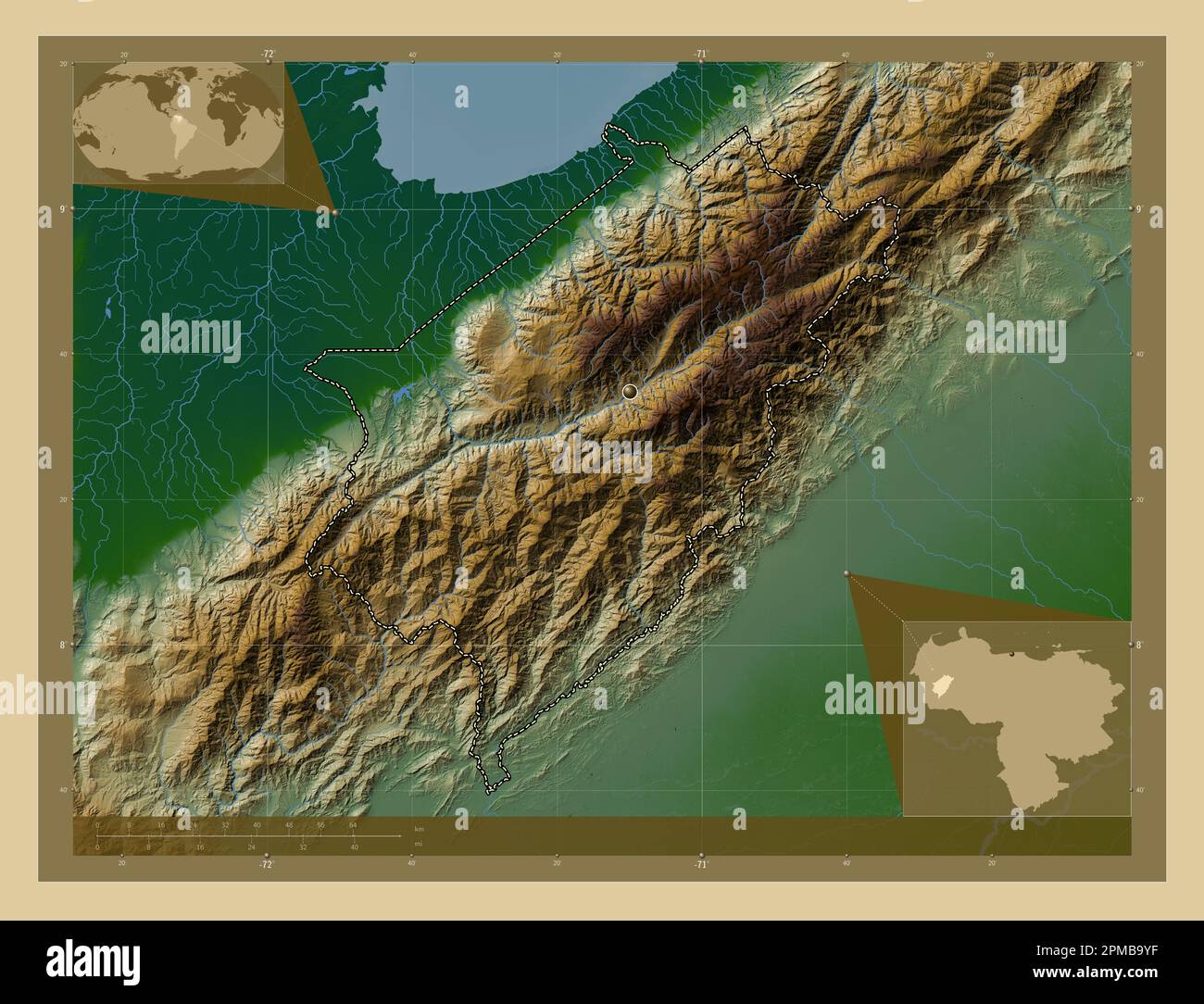 Merida, state of Venezuela. Colored elevation map with lakes and rivers ...