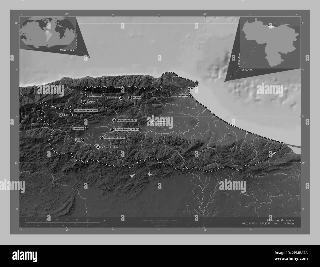 Miranda, state of Venezuela. Grayscale elevation map with lakes and rivers. Locations and names of major cities of the region. Corner auxiliary locati Stock Photo