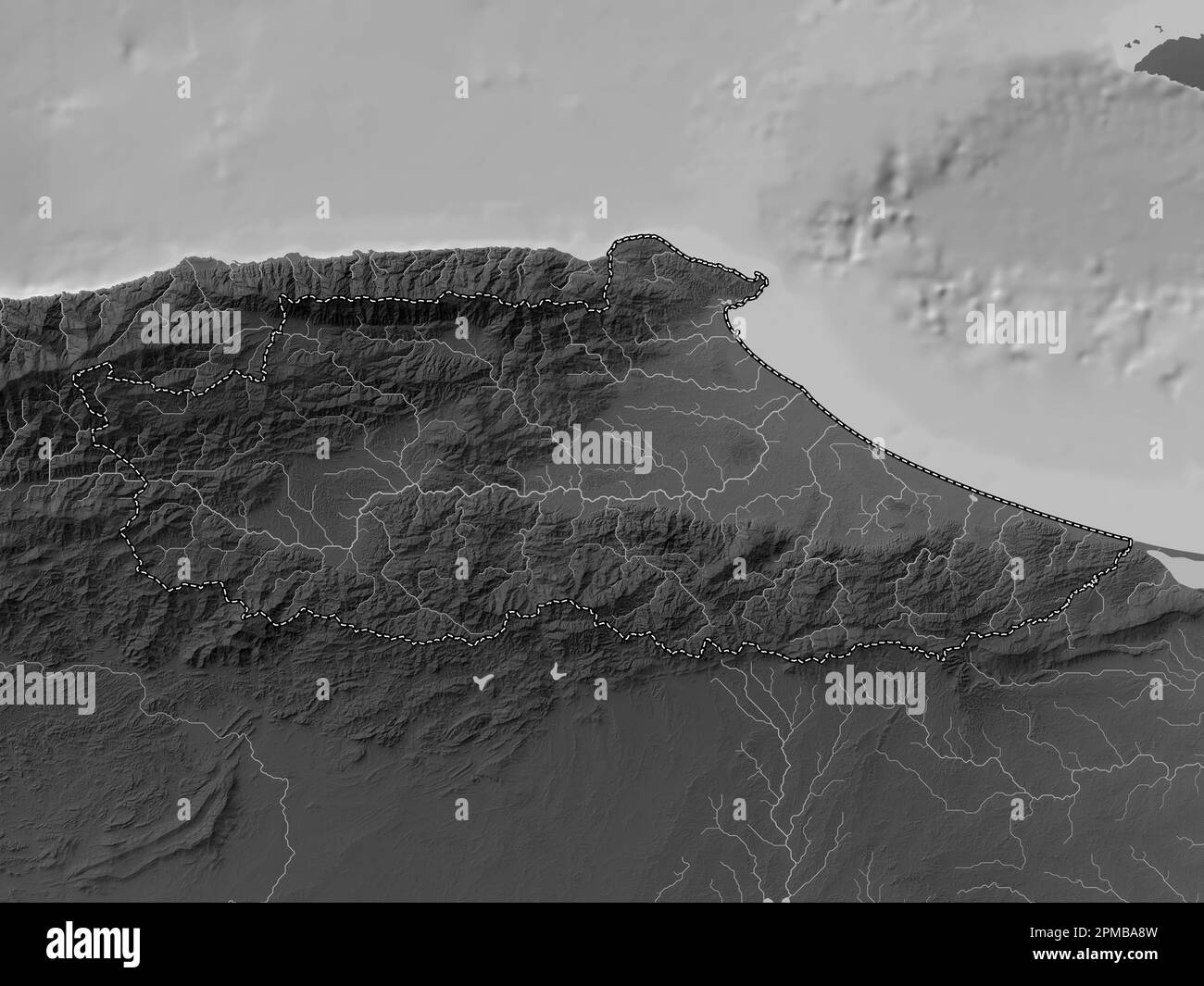 Miranda, state of Venezuela. Grayscale elevation map with lakes and rivers Stock Photo