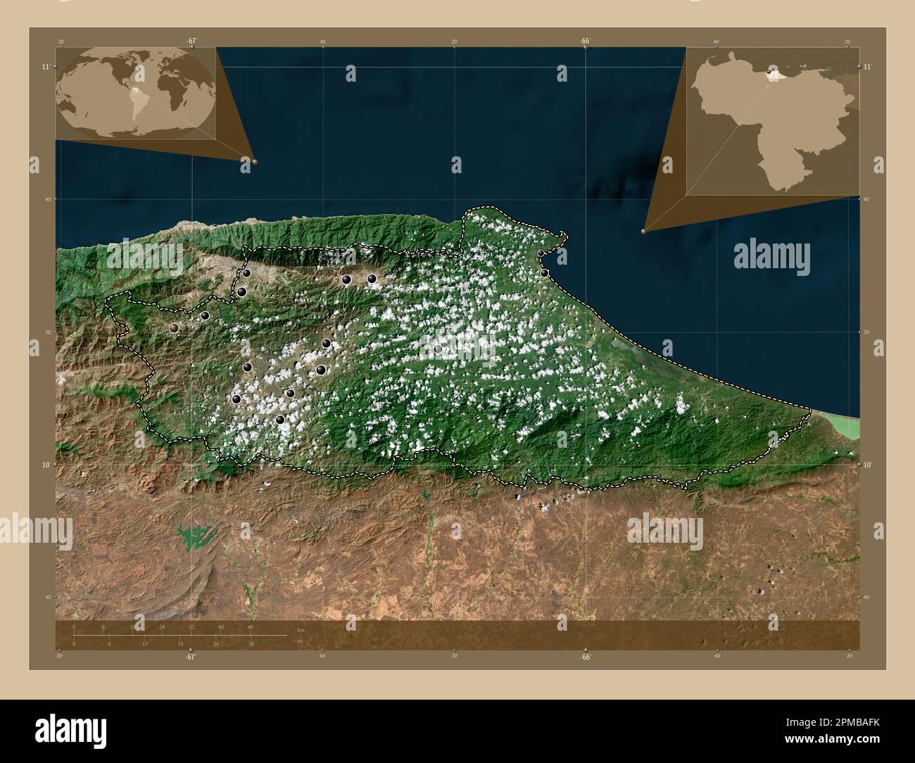 Miranda, state of Venezuela. Low resolution satellite map. Locations of major cities of the region. Corner auxiliary location maps Stock Photo
