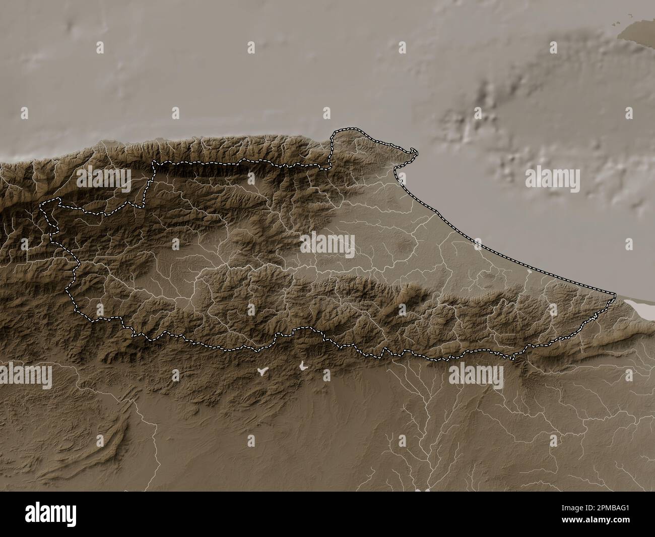 Miranda, state of Venezuela. Elevation map colored in sepia tones with lakes and rivers Stock Photo