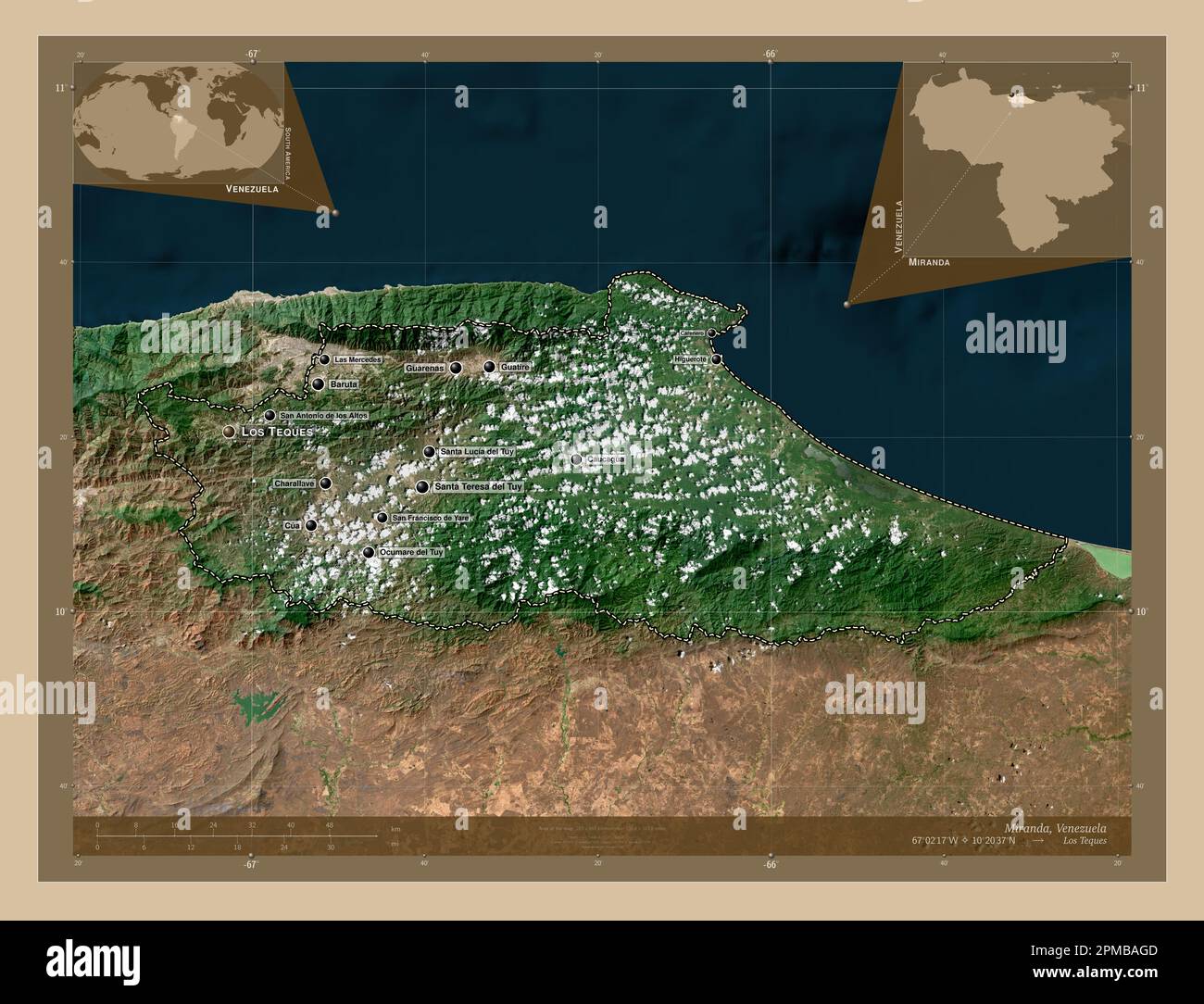 Miranda, state of Venezuela. Low resolution satellite map. Locations and names of major cities of the region. Corner auxiliary location maps Stock Photo