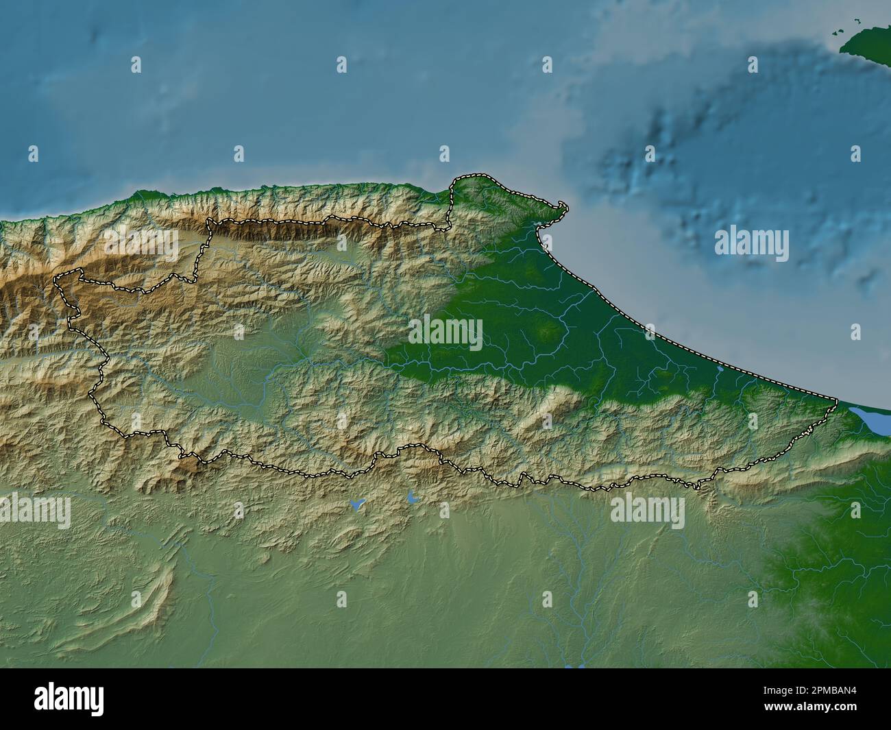Miranda, state of Venezuela. Colored elevation map with lakes and rivers Stock Photo