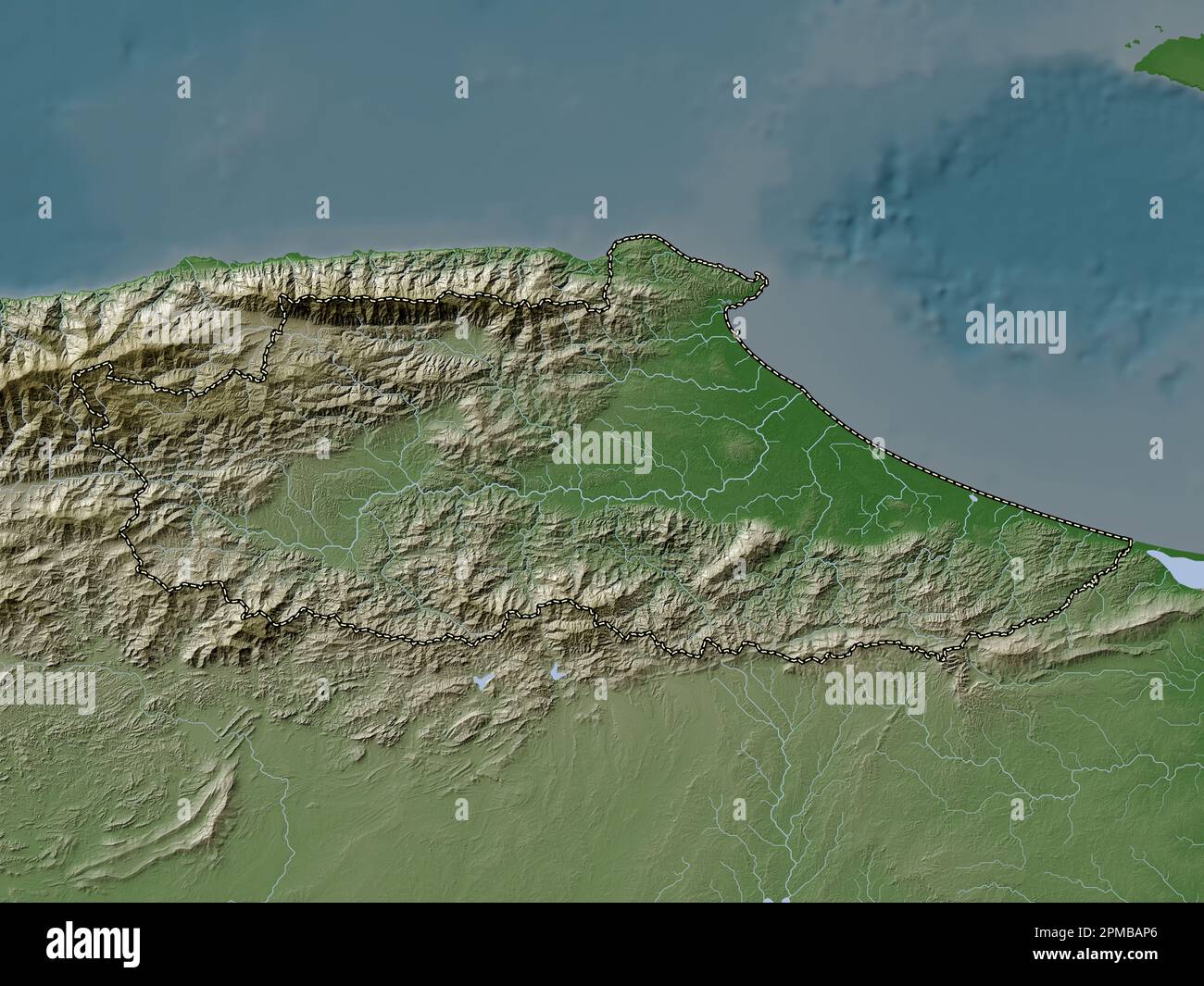 Miranda, state of Venezuela. Elevation map colored in wiki style with lakes and rivers Stock Photo