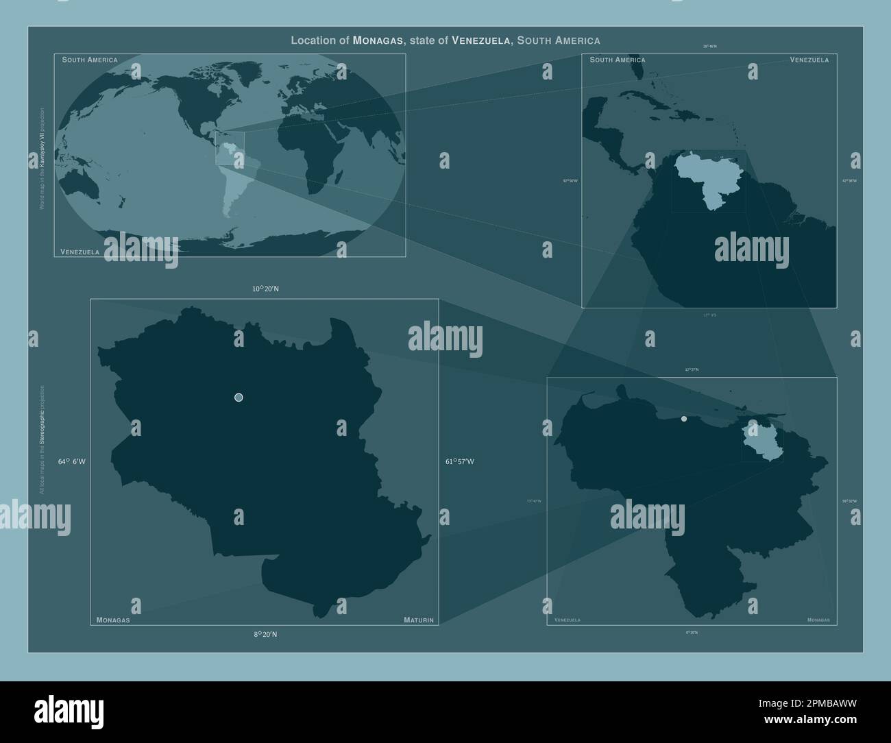 Monagas, state of Venezuela. Diagram showing the location of the region on larger-scale maps. Composition of vector frames and PNG shapes on a solid b Stock Photo