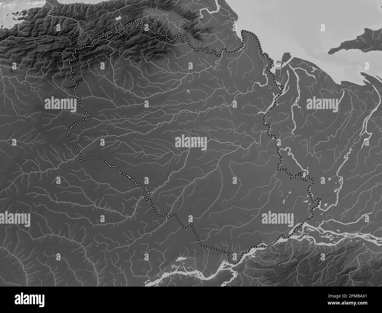 Monagas, state of Venezuela. Grayscale elevation map with lakes and rivers Stock Photo