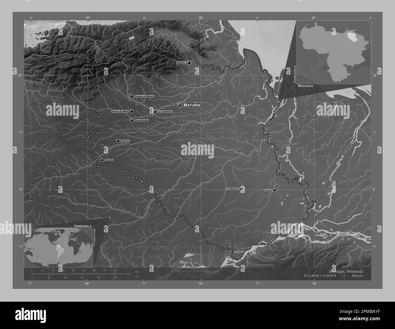 Monagas, state of Venezuela. Grayscale elevation map with lakes and rivers. Locations and names of major cities of the region. Corner auxiliary locati Stock Photo