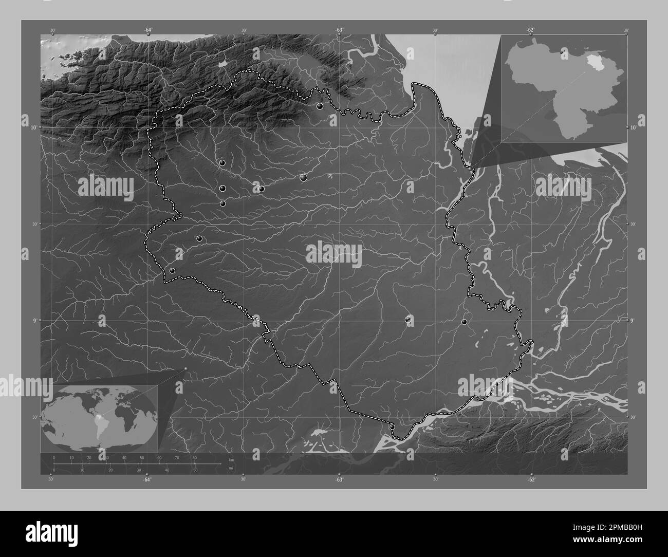 Monagas, state of Venezuela. Grayscale elevation map with lakes and rivers. Locations of major cities of the region. Corner auxiliary location maps Stock Photo