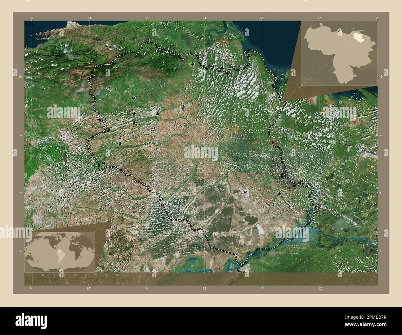 Monagas, state of Venezuela. High resolution satellite map. Locations of major cities of the region. Corner auxiliary location maps Stock Photo
