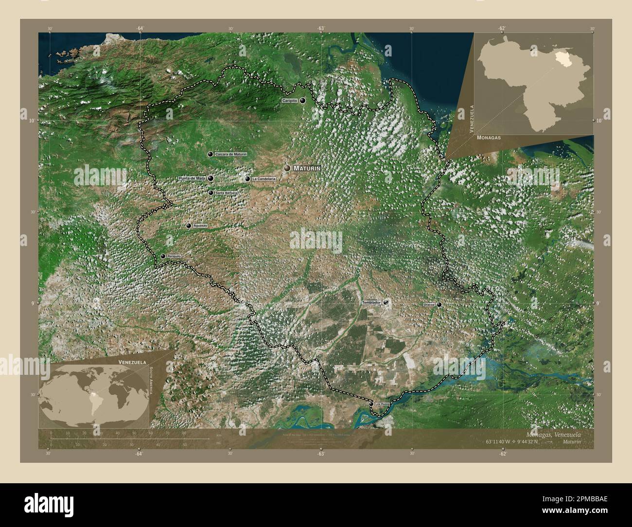 Monagas, state of Venezuela. High resolution satellite map. Locations and names of major cities of the region. Corner auxiliary location maps Stock Photo