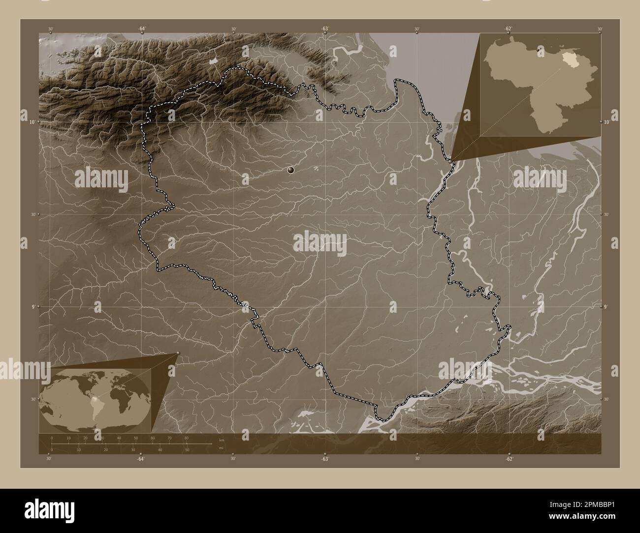 Monagas, state of Venezuela. Elevation map colored in sepia tones with lakes and rivers. Corner auxiliary location maps Stock Photo