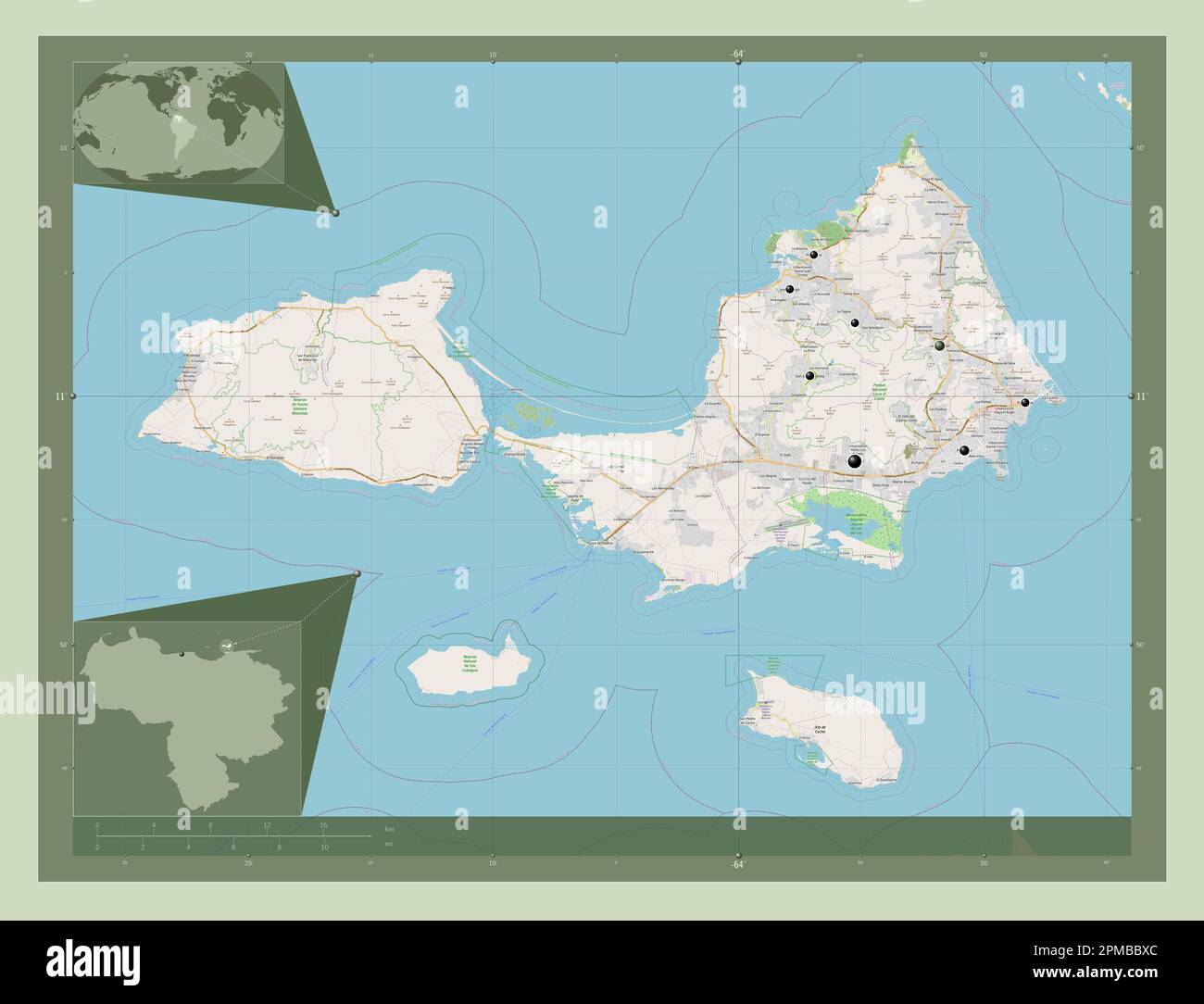 Nueva Esparta, state of Venezuela. Open Street Map. Locations of major ...