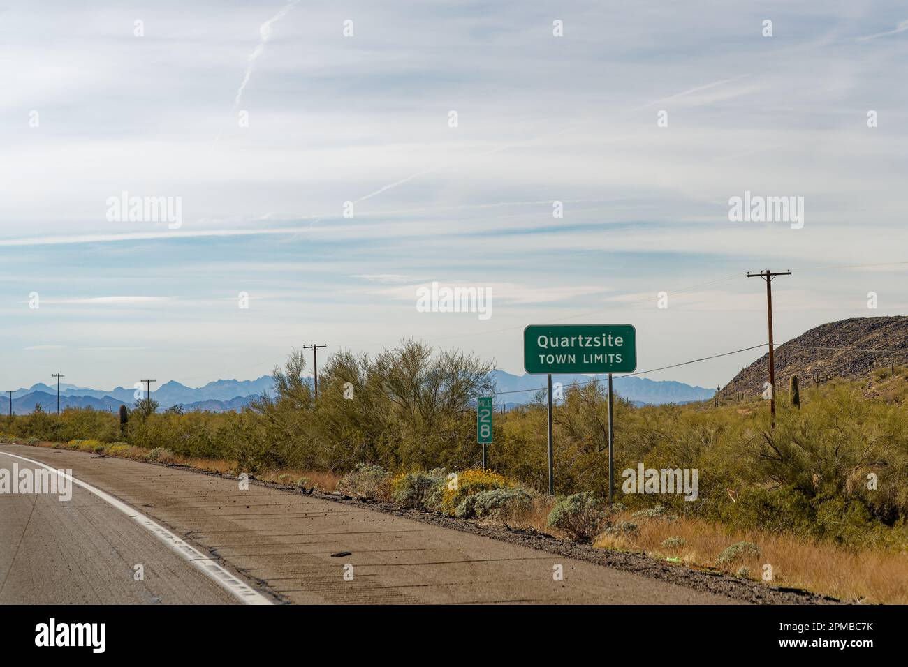 Quartzsite town limits sign at the side of the road in Quartzsite