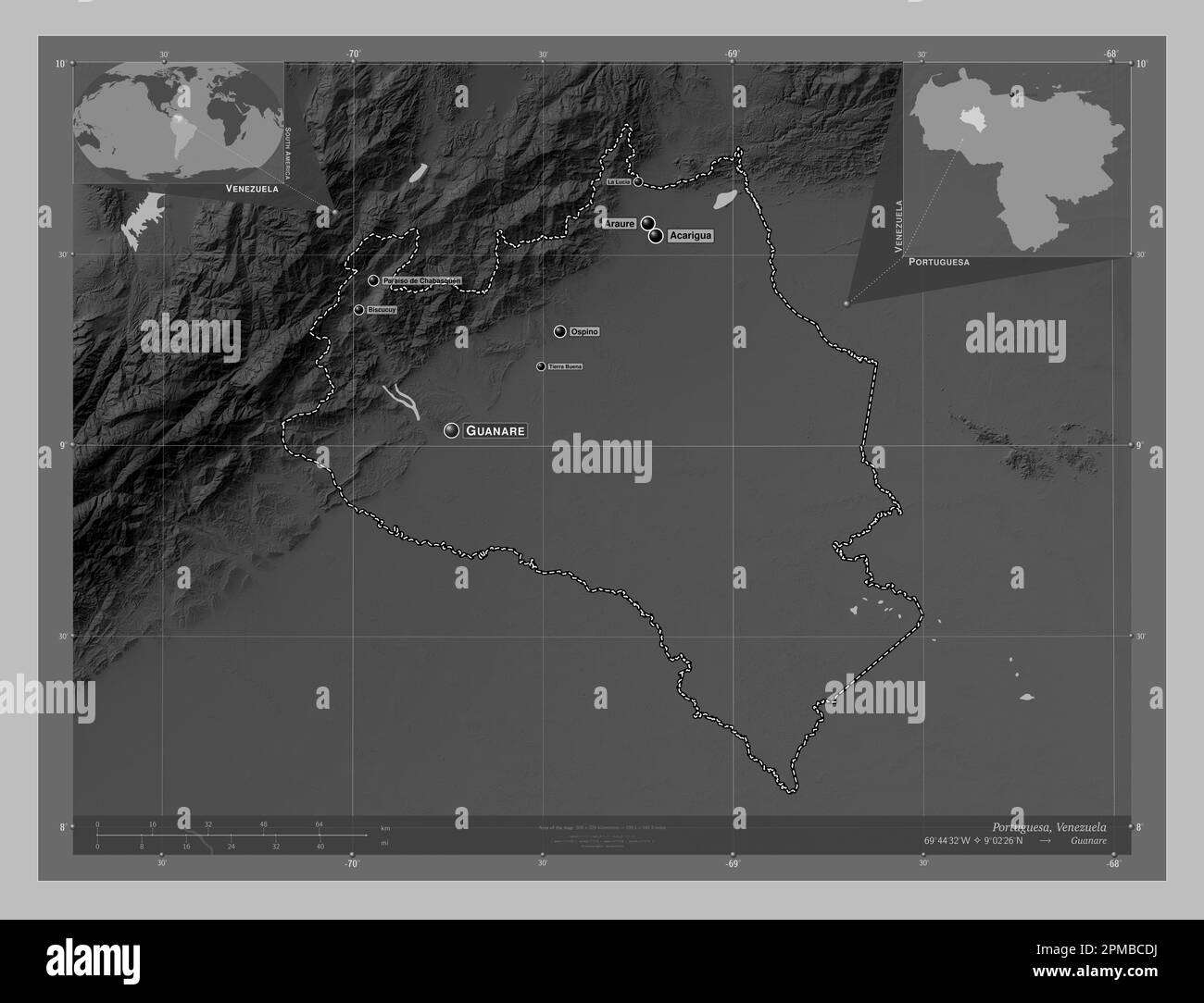 Portuguesa, state of Venezuela. Grayscale elevation map with lakes and rivers. Locations and names of major cities of the region. Corner auxiliary loc Stock Photo