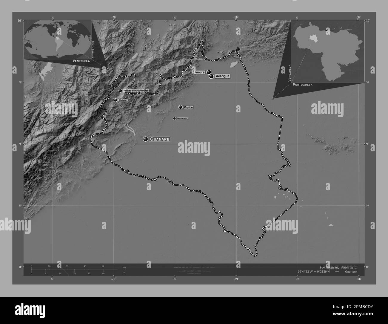 Portuguesa, state of Venezuela. Bilevel elevation map with lakes and rivers. Locations and names of major cities of the region. Corner auxiliary locat Stock Photo