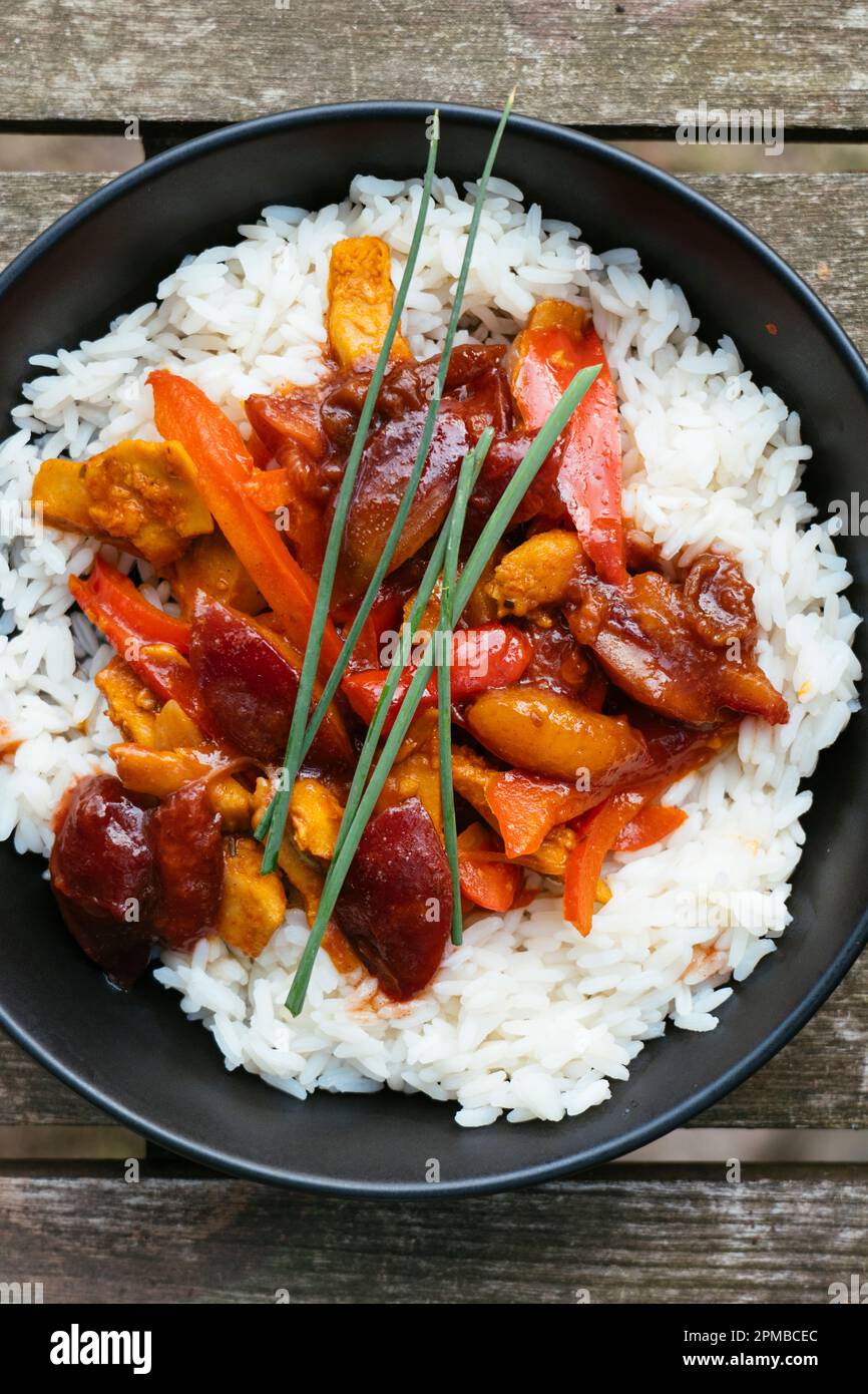 Vegan Chickun with Bell Peppers and Plum Sauce Stock Photo