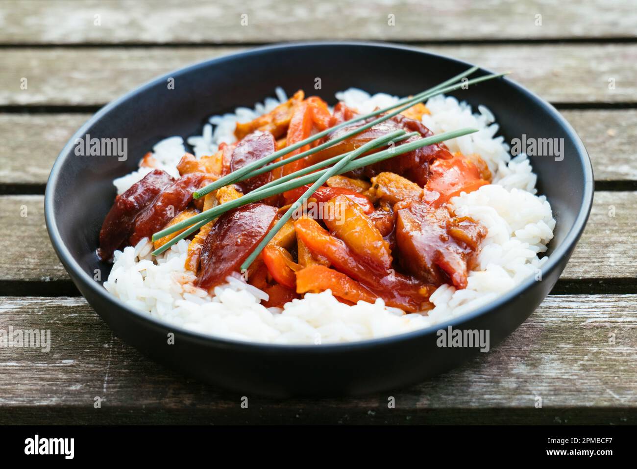Vegan Chickun with Bell Peppers and Plum Sauce Stock Photo