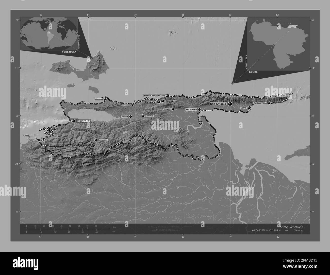 Sucre, state of Venezuela. Bilevel elevation map with lakes and rivers. Locations and names of major cities of the region. Corner auxiliary location m Stock Photo