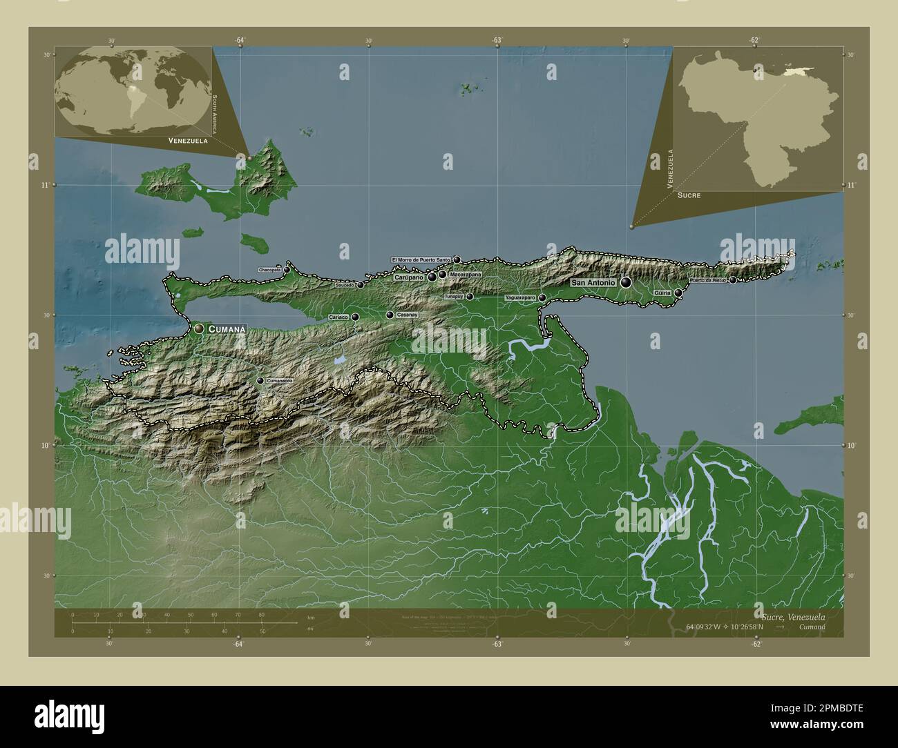 Sucre, state of Venezuela. Elevation map colored in wiki style with lakes and rivers. Locations and names of major cities of the region. Corner auxili Stock Photo