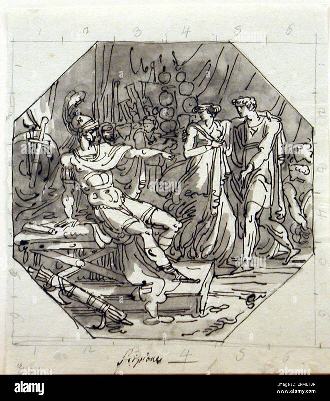 Drawing, Continence of Scipio; Designed by Felice Giani (Italian, 1758–1823); Italy; pen and brown ink, brush and brown wash over traces of graphite on cream laid paper; 18.4 x 21.3 cm (7 1/4 x 8 3/8 in.) Stock Photo