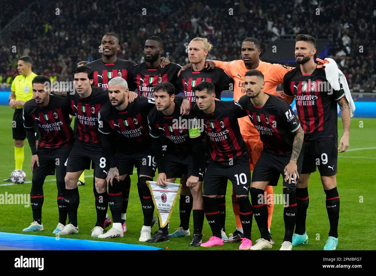 AC Milan team players pose prior to the start of the Champions League  quarterfinal, first leg, soccer match between AC Milan and Napoli, at the  San Siro stadium in Milan , Italy,