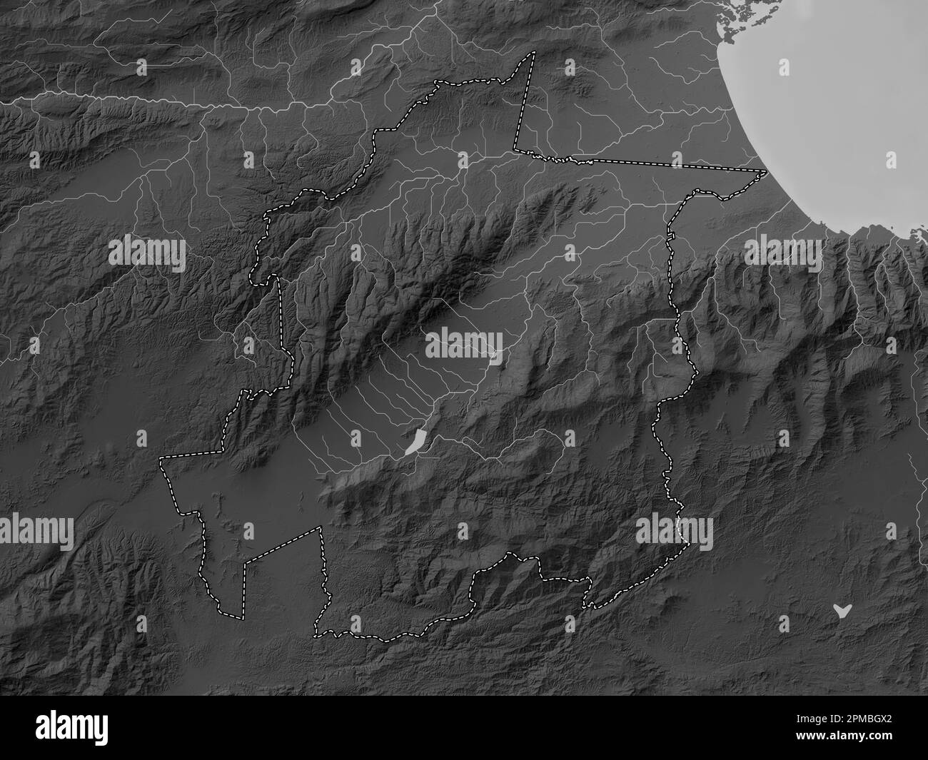Yaracuy, state of Venezuela. Grayscale elevation map with lakes and rivers Stock Photo