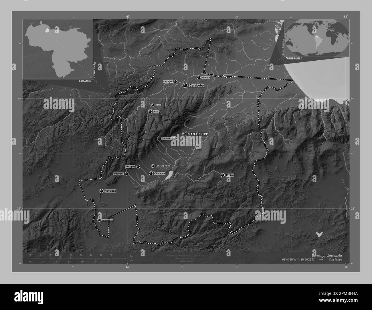 Yaracuy, state of Venezuela. Grayscale elevation map with lakes and rivers. Locations and names of major cities of the region. Corner auxiliary locati Stock Photo