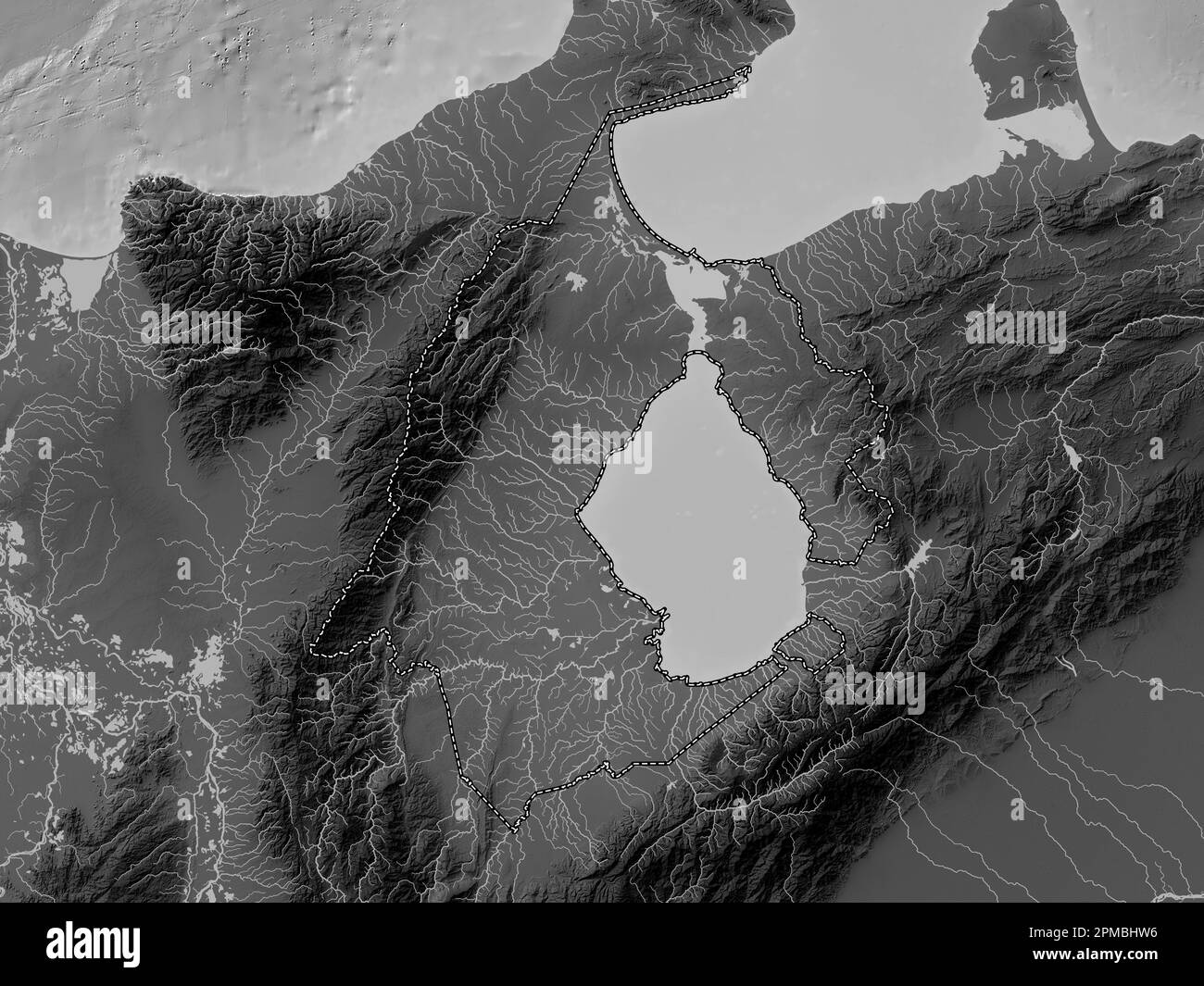 Zulia, state of Venezuela. Grayscale elevation map with lakes and rivers Stock Photo