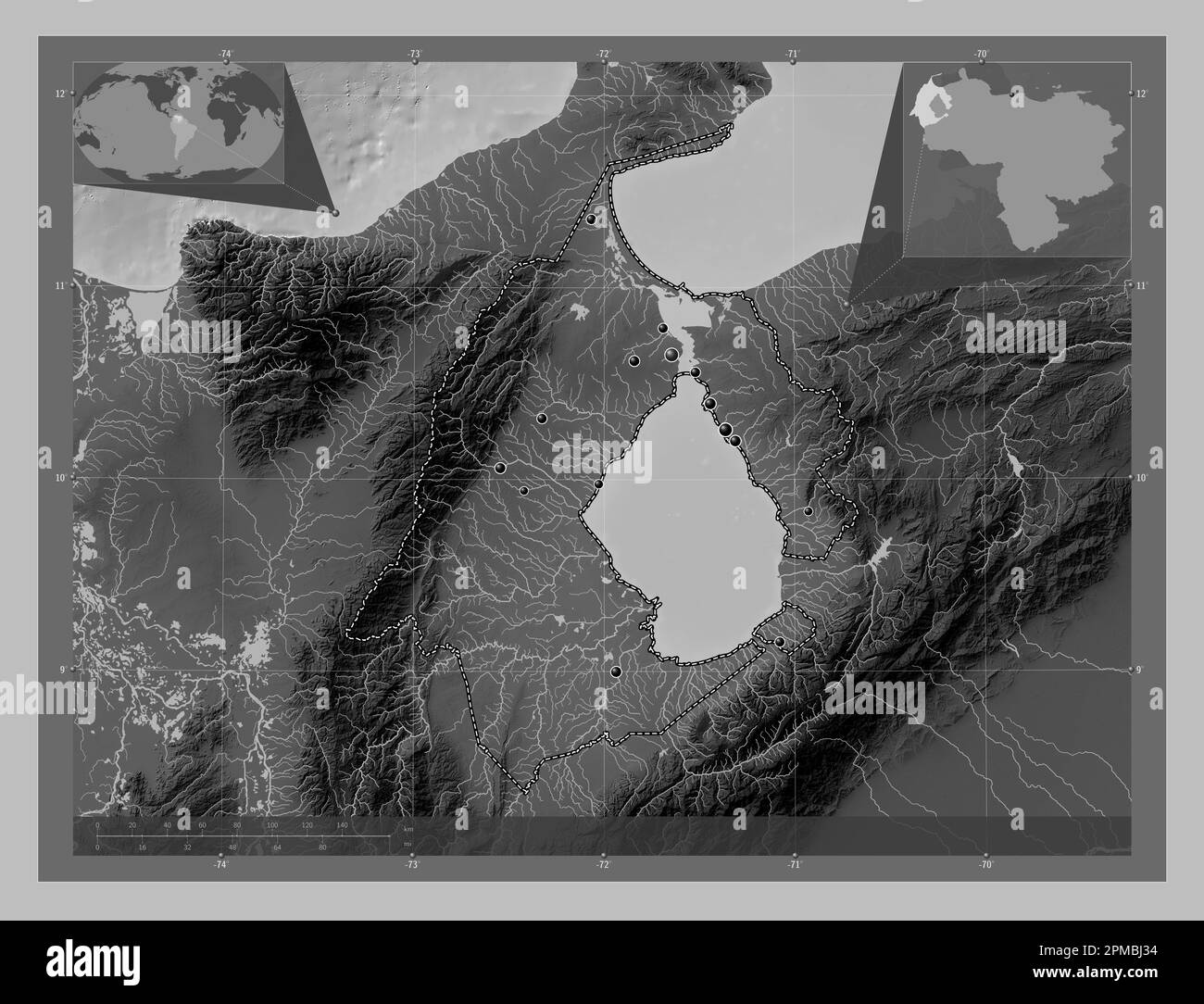 Zulia, state of Venezuela. Grayscale elevation map with lakes and rivers. Locations of major cities of the region. Corner auxiliary location maps Stock Photo