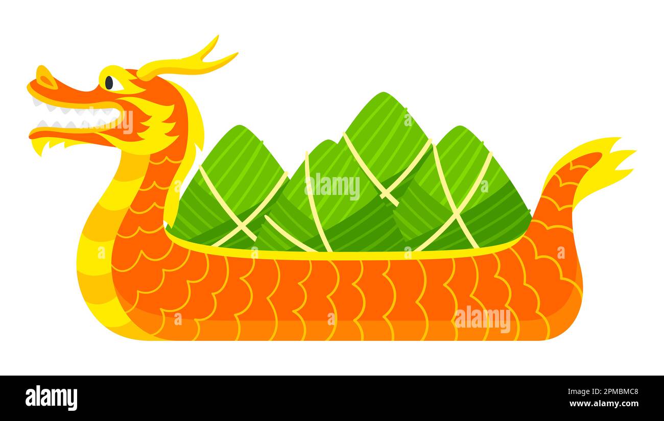Wrapped rice dumplings in boat. Duanwu holiday. Chinese Dragon Boat Festival traditional food. Stock Vector