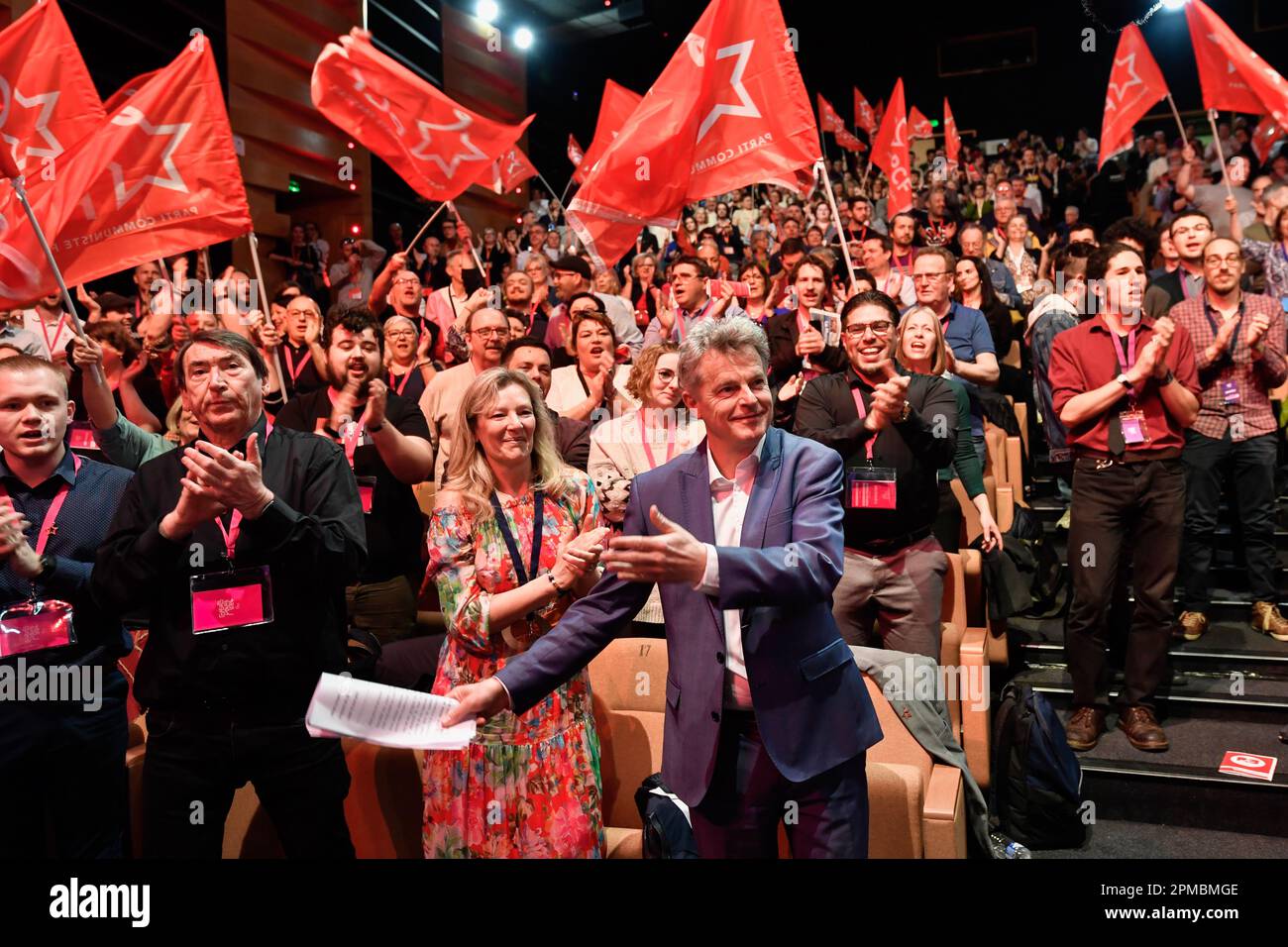 Fabien Roussel is seen before delivering his speech after being re-elected as the National Secretary of the French Communist Party (PCF). The 39th Congress of the French Communist Party (PCF) took place in Marseille from 7 to 10 April 2023. It reappoints Fabien Roussel as its leader. Stock Photo