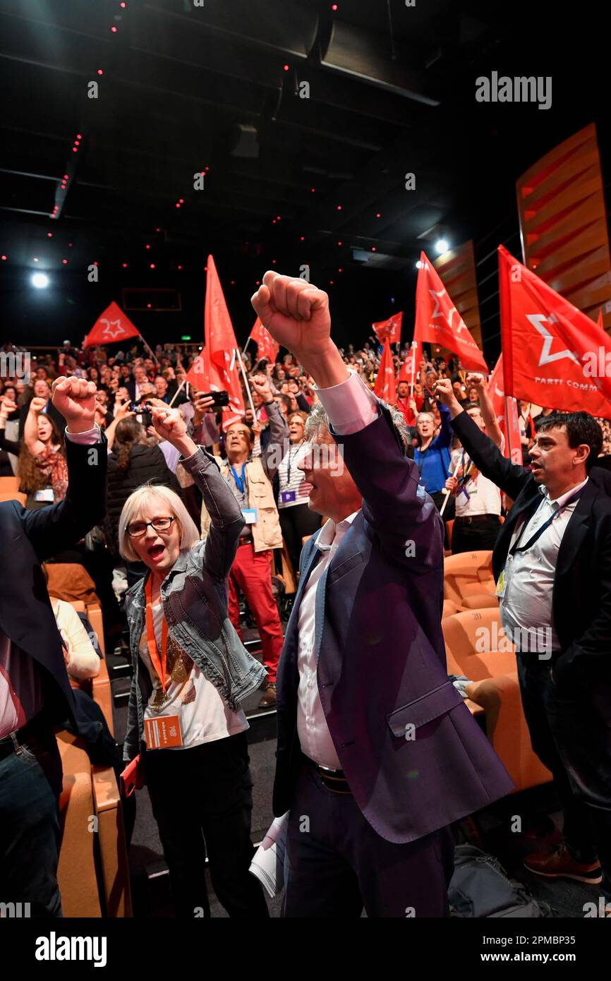 Marseille, France. 10th Apr, 2023. Fabien Roussel raises his fist while singing the Internationale after his re-election as the National Secretary of the French Communist Party (PCF). The 39th Congress of the French Communist Party (PCF) took place in Marseille from 7 to 10 April 2023. It reappoints Fabien Roussel as its leader. (Photo by Laurent Coust/SOPA Images/Sipa USA) Credit: Sipa USA/Alamy Live News Stock Photo