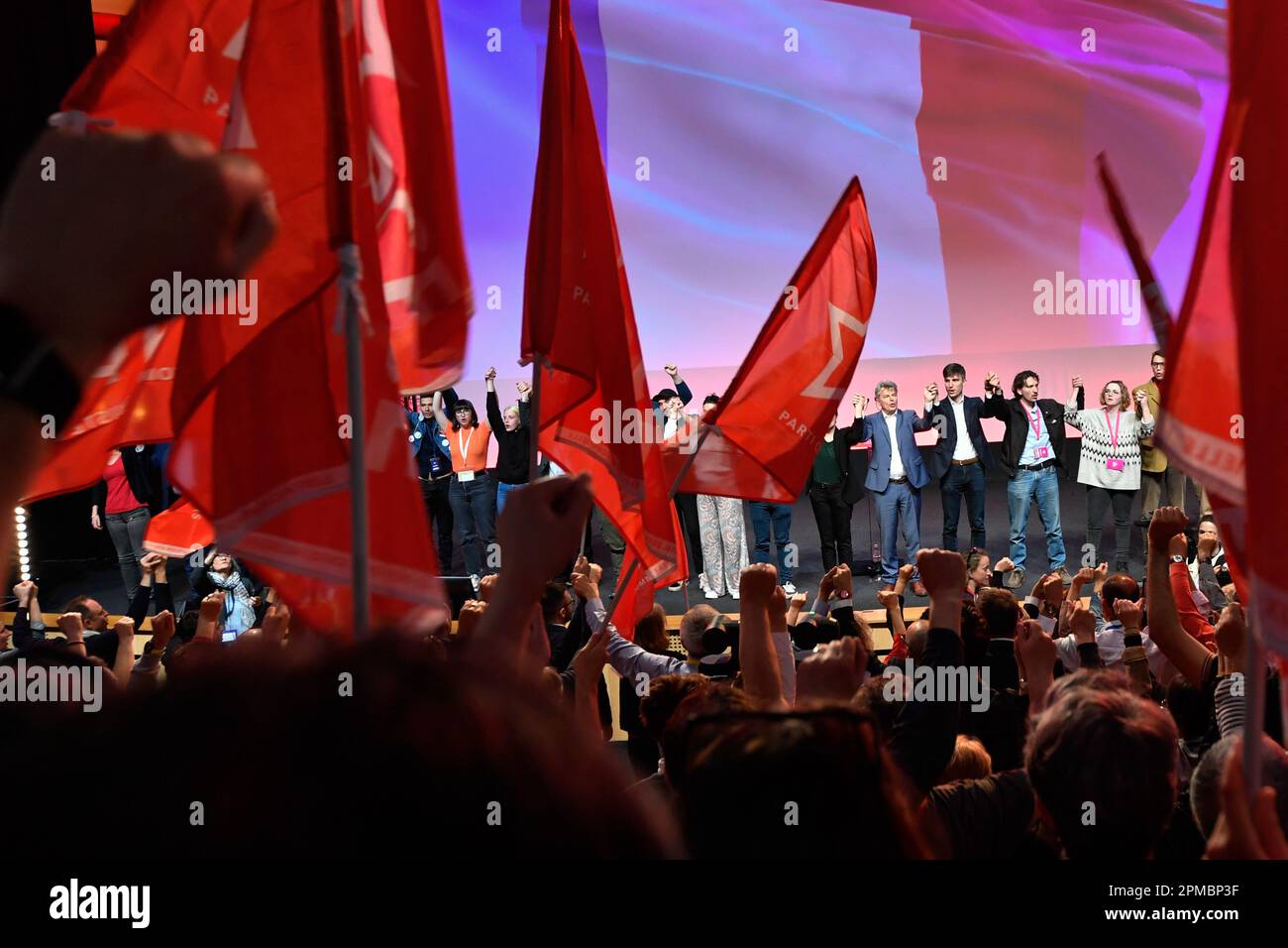 Marseille, France. 10th Apr, 2023. Fabien Roussel is seen on stage with his team after his re-election as the National Secretary of the French Communist Party (PCF). The 39th Congress of the French Communist Party (PCF) took place in Marseille from 7 to 10 April 2023. It reappoints Fabien Roussel as its leader. (Photo by Laurent Coust/SOPA Images/Sipa USA) Credit: Sipa USA/Alamy Live News Stock Photo